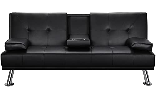 Topeakmart Living Room Futon Sofa Bed Faux Leather Sofa Couch Modern Convertible Folding Recliner With Cup Holders Living Room Furniture Sofa Black #TOP23