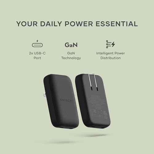 Image of Satechi OntheGo 67W Wall Charger, GaN USB-C Travel Charger (PD 3.0+PPS), 2 USB-C, 67W(1) /45W+20W(2), for MacBook Air /Pro /Neo, iPad Air /Pro, iPhone 17, Galaxy, Pixel, Steam Deck - Black