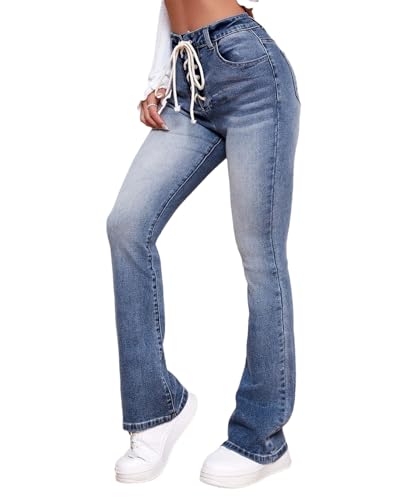 Women's Drawstring Stretch Straight Jeans Slim Comfort with Flex Motion Flare Pants