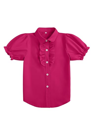Image of Girls Short Sleeve Button Down Shirts Ruffle School Uniform Crop Tops Peter Pan Collar Plaid Blouse 4-13Y