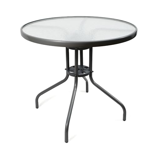 THE SECRET HOME - Mesa Redonda de Metal con Base de Cristal Texturizado - Alto. 70 cm x Diámetro. Ø60/Ø80 cm - Mesa para Jardín, Terraza, Patio o Balcón (Negro - Ø80 cm)