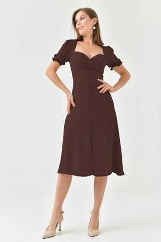 Image of Shasmi Girl's & Women's Solid Midi Dress - Elegant Square Neck Button-Down Dress with Puff Short Sleeves | Stylish Casual & Party & Office Wear Outfit (Dress 105)