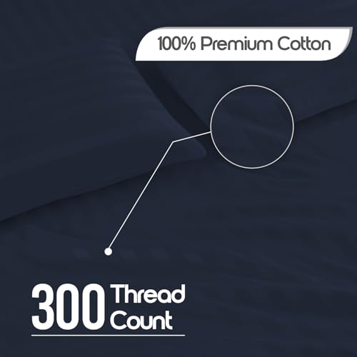 Image of LINENWALAS Cotton 300 Thread Count King Size Bedsheet Set | 2 cm Sateen Stripe Design | Cloud-Soft, Breathable & Skin-Safe | Oeko-TEX Certified Hotel-Style Bedding (108 x 108, Navy Blue)