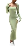 Women's Spring Fall 2 Piece Outfits Slip Bodycon Maxi Dress and Long Sleeve Cropped Cardigan Knit Matching Sets, Green L