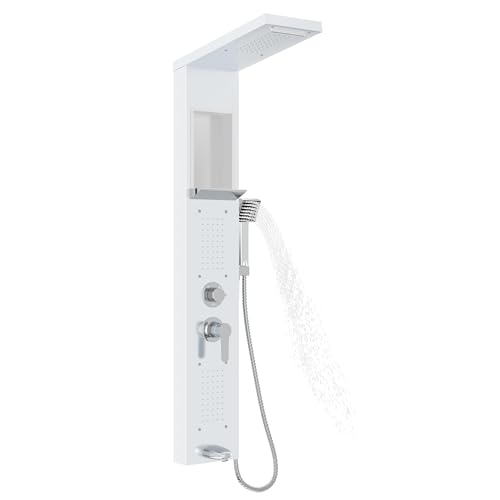VA-Cerulean Colonne de douche en acier inoxydable avec douche à effet pluie, douche cascade, douchette à main, blanc