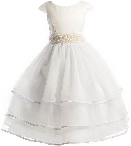 Joy Kids Beaded Waist Layered Holiday Communion Flower Girl Long Dress -White 18 #TOP12