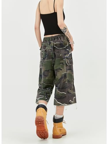 Women's High Waist Capri Jeans, Unisex Camo Denim Stretchy Waistband Multi Pockets Baggy Cargo Capris Pants for Hiking4