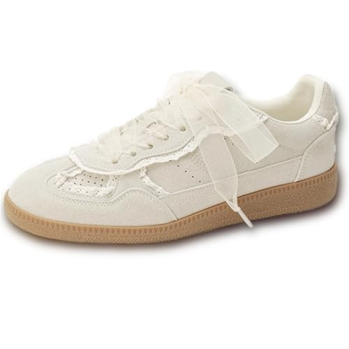 Women's Lace Casual Sneakers Elegant Ribbon Lace Up Fashion Ballet PU Leather Sneakers Trendy Casual Walking Shoes for Women