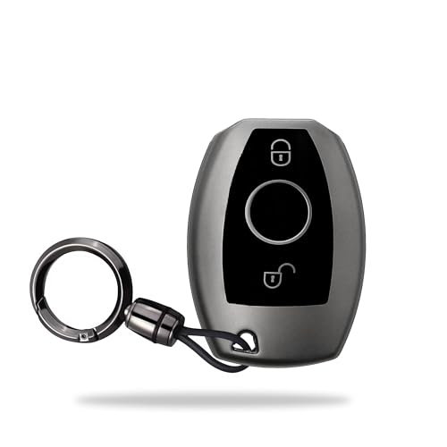 Image of SIAGO TPU Key Cover and Round Key Chain Compatible with Mercedes Benz A B C E G K R S Class AMG with 2 Button Flip Key (Grey)