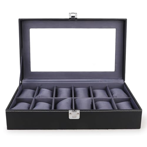Image of Leather Watch Organizer with Glass Display (Black& grey, 12 Slots)
