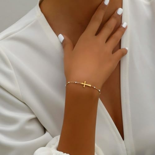Dabovos Gold Cross Bracelet for Women 18K Gold Plated Cross Bracelets Minimalist White Beaded Bracelet Dainty Christian Faith Bracelet Confirmation Gifts