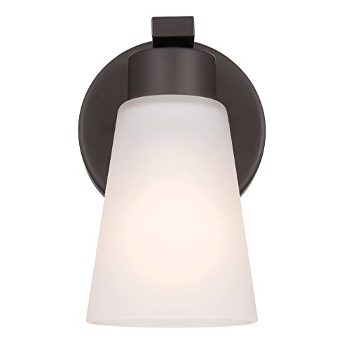 Image of Kichler Stamos Wall Sconce 1-Light with Satin Etched Glass, Modern Bathroom or Hallway Light in Olde Bronze, (8 inch H x 5 inch W x 6 inch D)