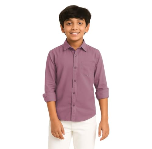 Image of Red Nine Rocket Science Boys' Solid Satin-Finish Poly Cotton Shirt | Single Pocket, Spread Collar, Long Sleeve, Casual