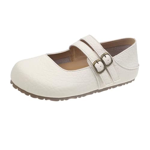 ChaiRong Zhou Women Mary Jane Shoes Pu Leather Double Buckle Straps Low Heel Ballet Flats Casual Dress Shoes