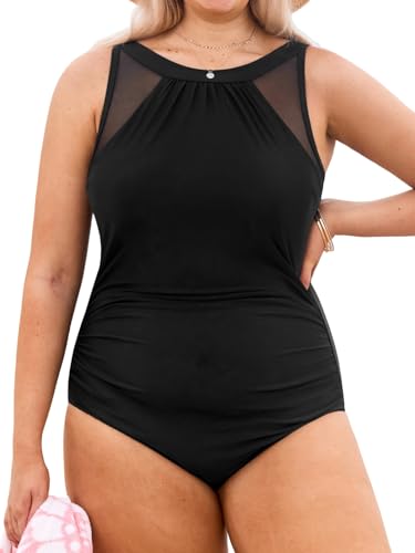 CUPSHE Plus Size Women‘s One Piece Swimsuit High Neck Adjustable Straps Mesh Bathing Suit Low Back Swimwear