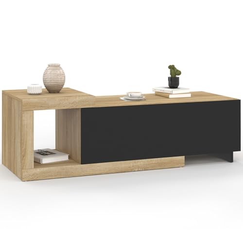 IDMarket Raphael - Mesa de centro extensible rectangular (100-130 cm, 1 puerta madera y negro