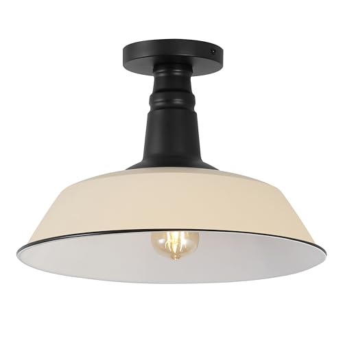 JONATHAN Y 14" Matte Almond/Black 1-Light Industrial LED Semi Flush Mount Ceiling Light for Porch, Kitchen, Entryway, Modern Farmhouse Iron Fixture, White Metal Shade, LED Bulb Included (JYL7617J)