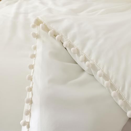 YIRDDEO Ivory Queen Ball Pom Fringe Comforter Set 3pcs, Boho Off White Aesthetic Luxurious Queen Bedding Set 3 Pieces, Vintage Ultra Soft Microfiber Comforter Set