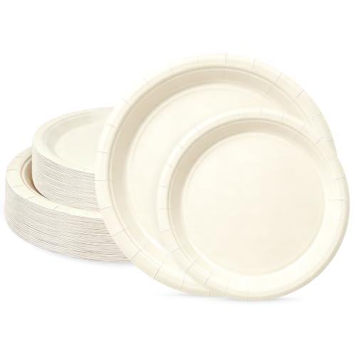 LIKAJON Ivory Paper Plates Disposable, 100 Pcs (50-9" & 50-7")