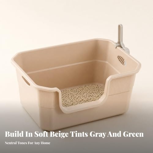 Image of Splash-Reducing PP ABS Cat Litter Box with Scoop Anti-Splashing High-Sided Cat Litter Box with Carrying Handles Easy to Petfresh Toilet Sturdy for Kittens, Home, Beige, Medium Handle