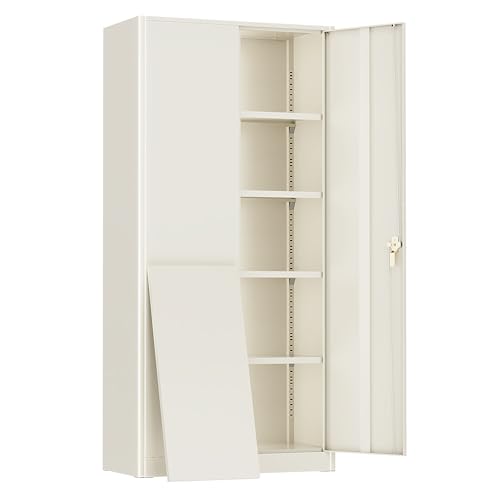 SUNCROWN 72" Metal Storage Cabinet - Heavy-Duty Metal Garage Cabinet with 4 Adjustable Shelves & 2 Doors for Tools, Office, Home, Workshop,Warm Grey