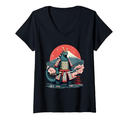 Womens Kaiju Samurai Warrior Retro Japanese Art Mount Fuji Japan V-Neck T-Shirt