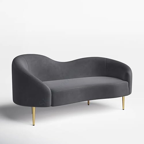 Image of Rosewood Luxury Curved Sofa in Premium Velvet-Fabric | Solid Wood Structure | High Density Foam | Sturdy Golden Legs | Comfortable & Stylish Couch for Modern Living Room (Grey, 2 Seater)