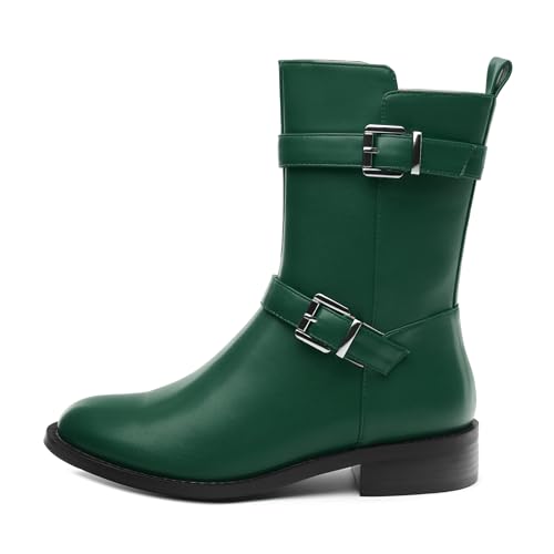 ROSERWISH Mid Calf Boots for Women Riding Ankle Boots Round Toe Low Chunky Heel Short Boots Fashion Fall Winter Combat Booties Buckle Style Dress Boots with Zipper2