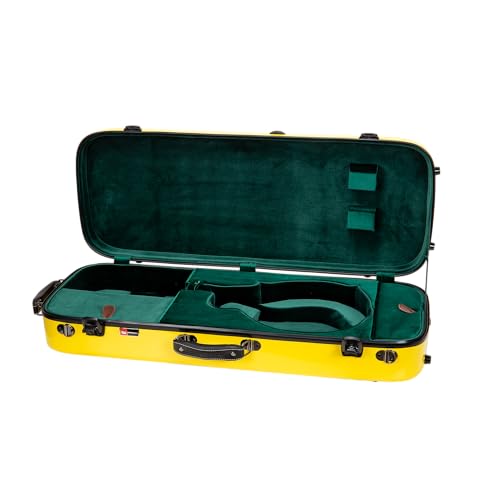 Image of Crossrock Fiberglass Mandolin Case - Oblong for A & F-Style (Universal Fit) | Yellow Gloss, Forest Green Velvet, TSA Lock, Hygrometer, Backpack Straps - Pro Travel Series