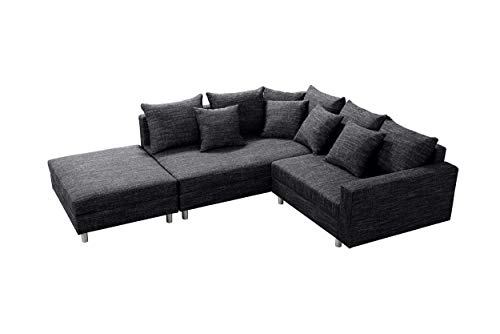 Küchen-Preisbombe Modernes Sofa Couch Ecksofa Eckcouch in Gewebestoff schwarz mit Hocker Minsk L