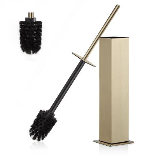 Image of BVL Toilet Brush and Holder Set Brushed Gold Stainless Steel 304 Square Freestanding Toilet Brush for Bathroom