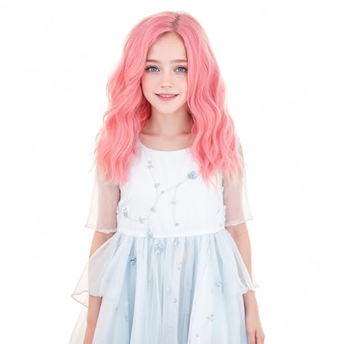 MEDO Pink Kids Wig - Short, Wavy, Side Part Bob for Girls - Synthetic, Shoulder Length Cosplay Wig