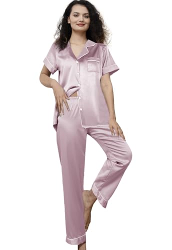 Image of WJing Yi Jia Womens Pajamas Set XS-4XL Floral Silk Satin Pajama Sets Silky Pj Sets 2Pcs Loungewear Sleepwear Button Down Pjs