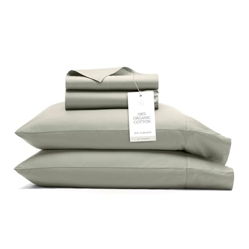 Image of BOLL & BRANCH Signature Hemmed Sheet Set - Full, Sageleaf - Luxury 100% Organic Cotton - Includes 1 Flat, 1 Fitted, 2 Pillowcases - Buttery Soft