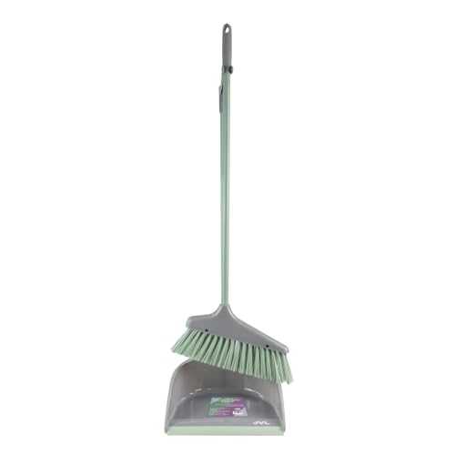 JVL Long Handle Dustpan and Brush Set – Upright Broom and Pan, Stand Up Cleaning Set, Easy Sweep Floor Cleaner, Grey
