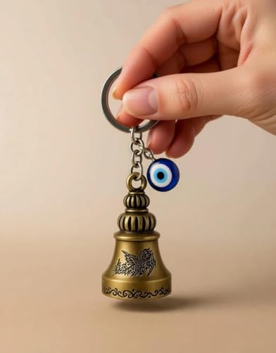 Image of Evil Eye Bell Keychain, Metal, Antique Vintage Style, Nazar Protection Lucky Charm, Unisex Key Ring for Car, Bike, Bag