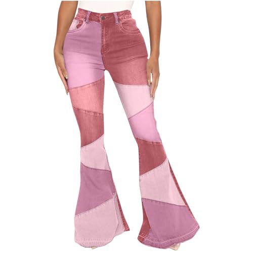 HGps8w Bell Bottom Flare Jeans for Women Color Block Patchwork Stretchy Slim Fit High Waisted Casual Denim Pants with Pockets