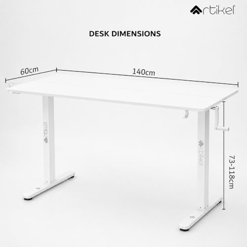 Image of ARTIKEL Manova Height Adjustable Table for Office Work | Manual Adjustable Desk with Hand Crank | Ergonomic Table for Home | 80Kg Wt Lift | Cup Holder, 2 Headphone Hook (White, 140 * 60cm)