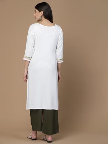 Image of QAZMI Women's Floral Aari Embroidered Viscose Rayon 3 /4 Sleeves Straight Kurta