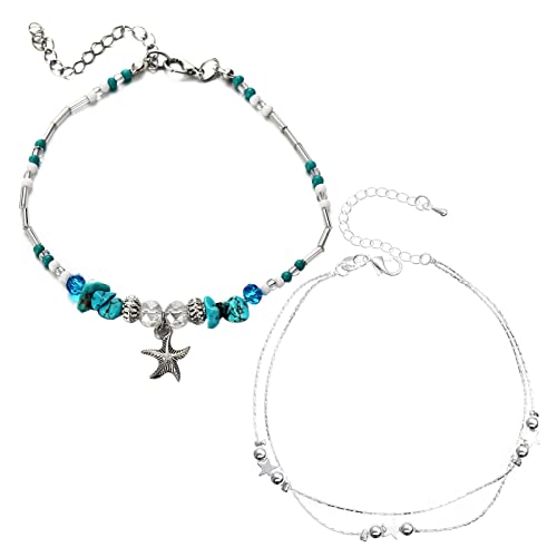 Zngou - 2 Pcs Ankle Bracelets for Women, Adjustable Beach Foot Chain, Layered Starfish Anklet, Boho Turquoise Star Ankle Bracelet for Kids Girls