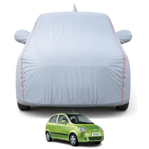 Image of Premium Car Cover for Chevrolet Spark Model | 100% Waterproof, UV & Dust Protection | Full Body Cover | Mirror & Antenna Pocket | Triple Stitched, Soft Inner Lining, Belt & Buckle (Dark Grey)