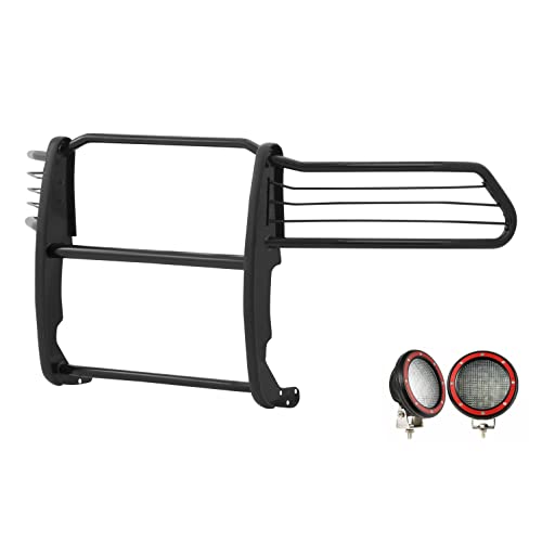 Image of Black Horse Grille brush Bumper Guard Modular Black Come With Pair of 5.3 inch Dia.LED Lights with Red Trim Rings Compatible with 2010-2018 Ram 2500|2011-2018 Ram 3500-17DR01MA-PLFR