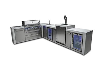 Mont Alpi MAi805-D90KEGBEVFC 44-inch 6-Burner 115000 BTU 90 Degree Deluxe Stainless Steel Gas Outdoor Kitchen Island Grill + Compact Refrigerator + 3 Beer Tap Keg Dispenser + Rotisserie Kit
