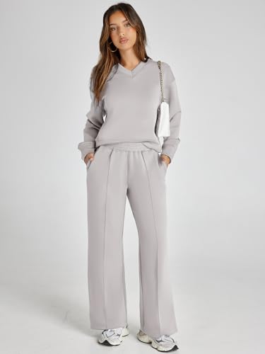 Glamaker Women\'s 2 Piece Outfits Sweatsuits Set Oversized Sweatshirt Wide Leg Sweatspants Lounge Sets 2024 Fall Outfits Clothes for Women Grey M - Thumbnail 2