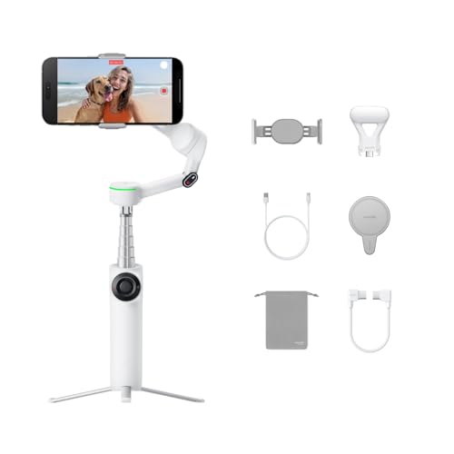 Image of insta360 Flow 2 Pro Creator Bundle White - Foldable AI Phone Gimbal with Dockkit, 360º Pan Tracking, Free Tilt Mode, Built-in Tripod /Selfie Stick, Portable Vlog /Travel Stabilizer, Spotlight, Magsafe