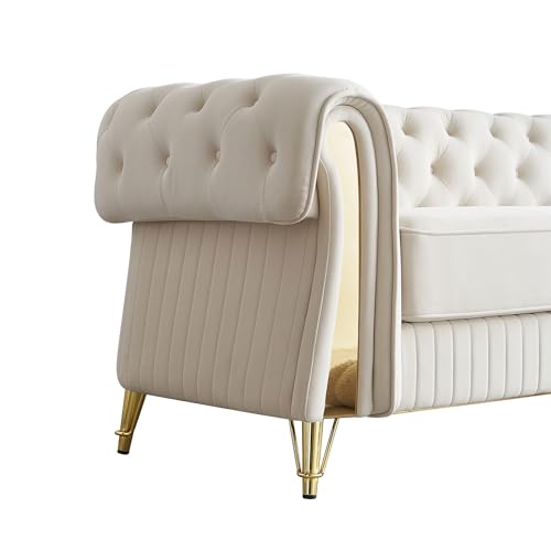 Image of KEIKI 89 inch Chesterfield Velvet Button Tufted Sofa with High Density Foam Cushions and 2 Toss Pillows, Modern Style 3-Seater Couch with 4 Gold Metal Leg, Easy Assembly, for Living Room, Apartment, Beige