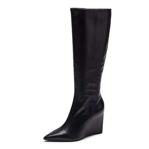 miss left Women Wide Calf Knee High Boots Closed Pointed Toe Wedge High Heel Side Zipper Party Club Dress Fashion Shoes Size 4-16 US