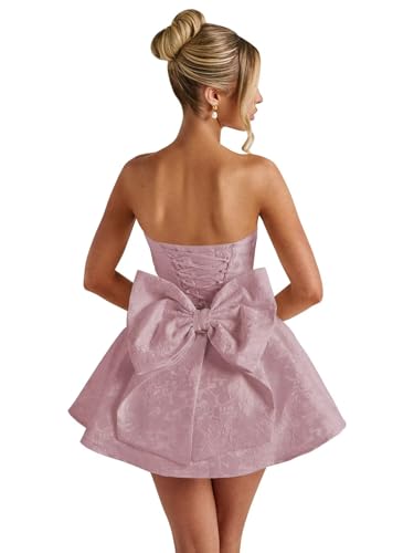 Image of Basgute Floral Jacquard Satin Short Homecoming Dresses for Teens A Line Strapless Formal Prom Evening Gown with Bow