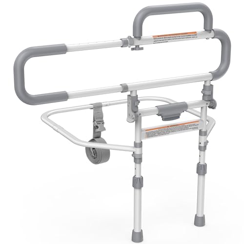 Lemagalu Heavy Duty Bed Rails for Elderly Adults Safety-Foldable Bed Rail for Senior with Adjustable Heights Fits All Bed Sizes，Bed Handle Bedside Assist with Pocket -504M (White and Gray)