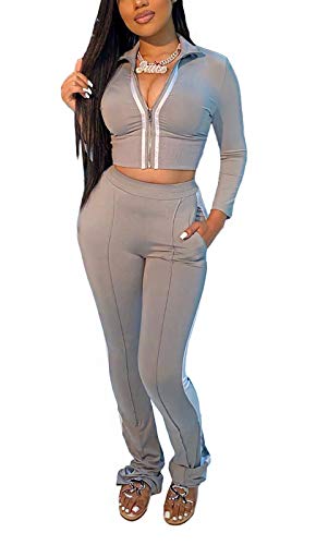 Sexy Two Piece Outfits for Women - Long Sleeve Color Block Zipper Sweatshirt Crop Top with Bodycon Long Pants Set Sports Tracksuit Sweatsuits Jogging Suit Grey, Medium